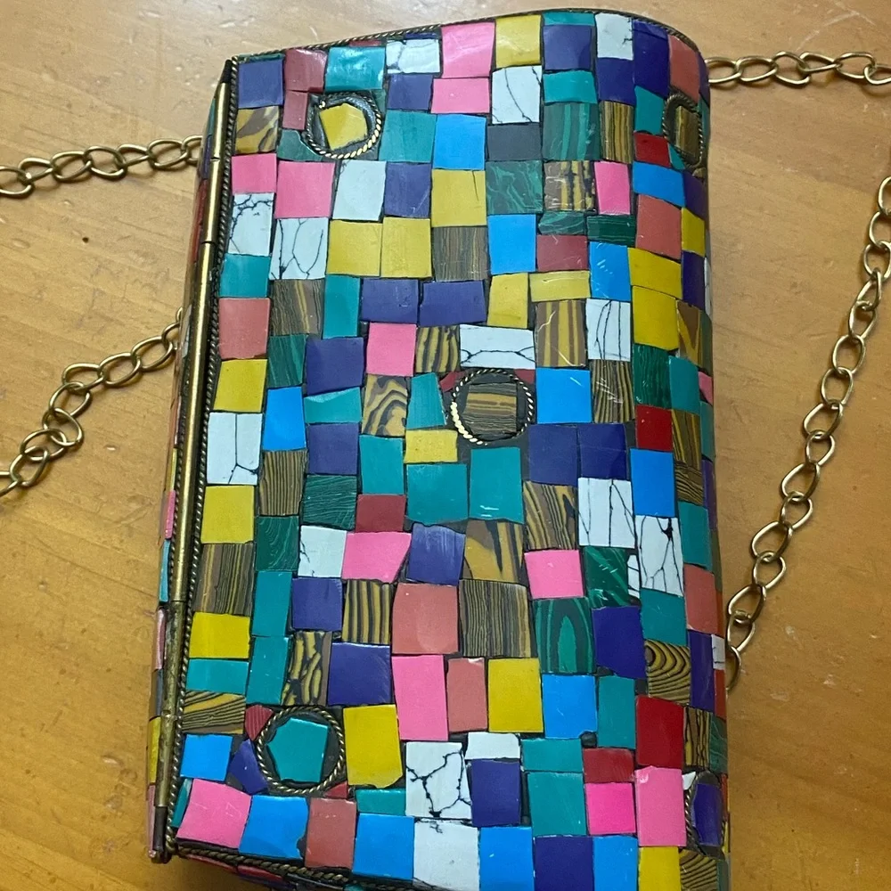 Clutch Crossbody Handcrafted Mosaic Stone Tiles Bag Chain Ornate Metal ANTIQUE - Picture 7 of 15